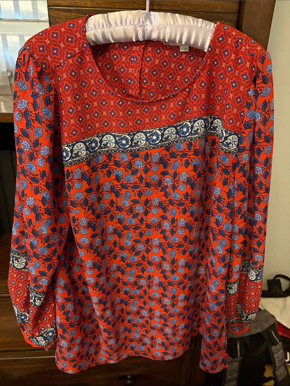 LOFT Red and Blue Floral Long-Sleeve Blouse